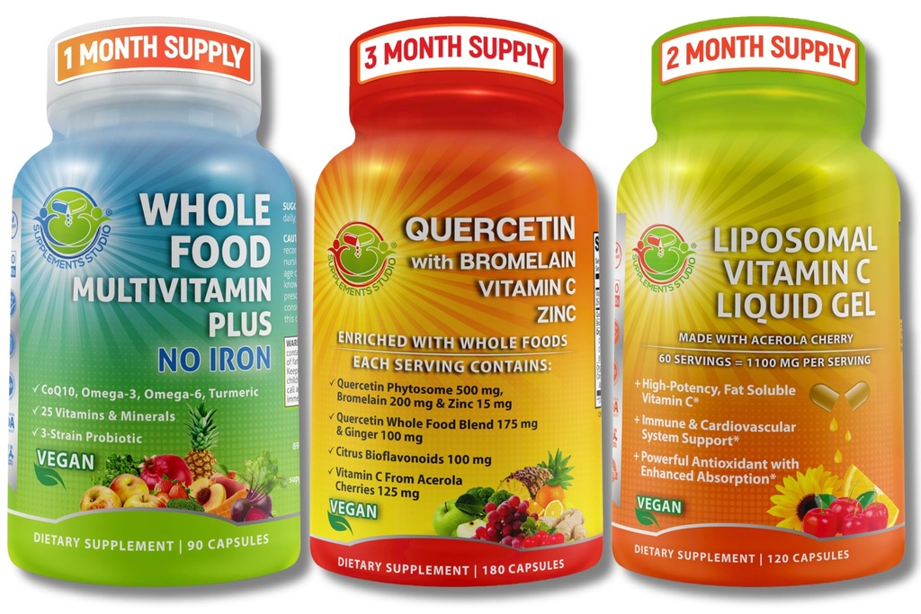 Immune System Support Bundle — Bromelain + Liposomal Vitamin C 1100mg Liquid Gel + 全食 多维生素 无铁 – Daily 抗氧化剂,呼吸和免疫支持