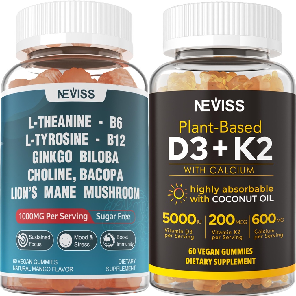 NEVISS 自由糖 L-Tyrosine L-Thenine Gummys 120个 + 自由糖 D3 5000IU K2 Gummys 120个