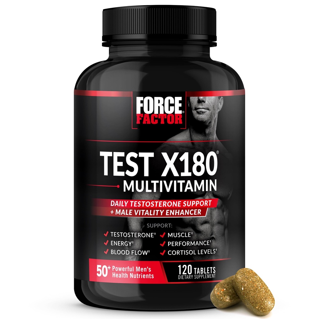 FORCE FACTOR 测试 X180 多维他命, 男子睾丸激素助推补充剂, 支持肌肉, 力量, 性能和生命力, 50+ 男子健康营养素和所有13种基本维生素, 120片