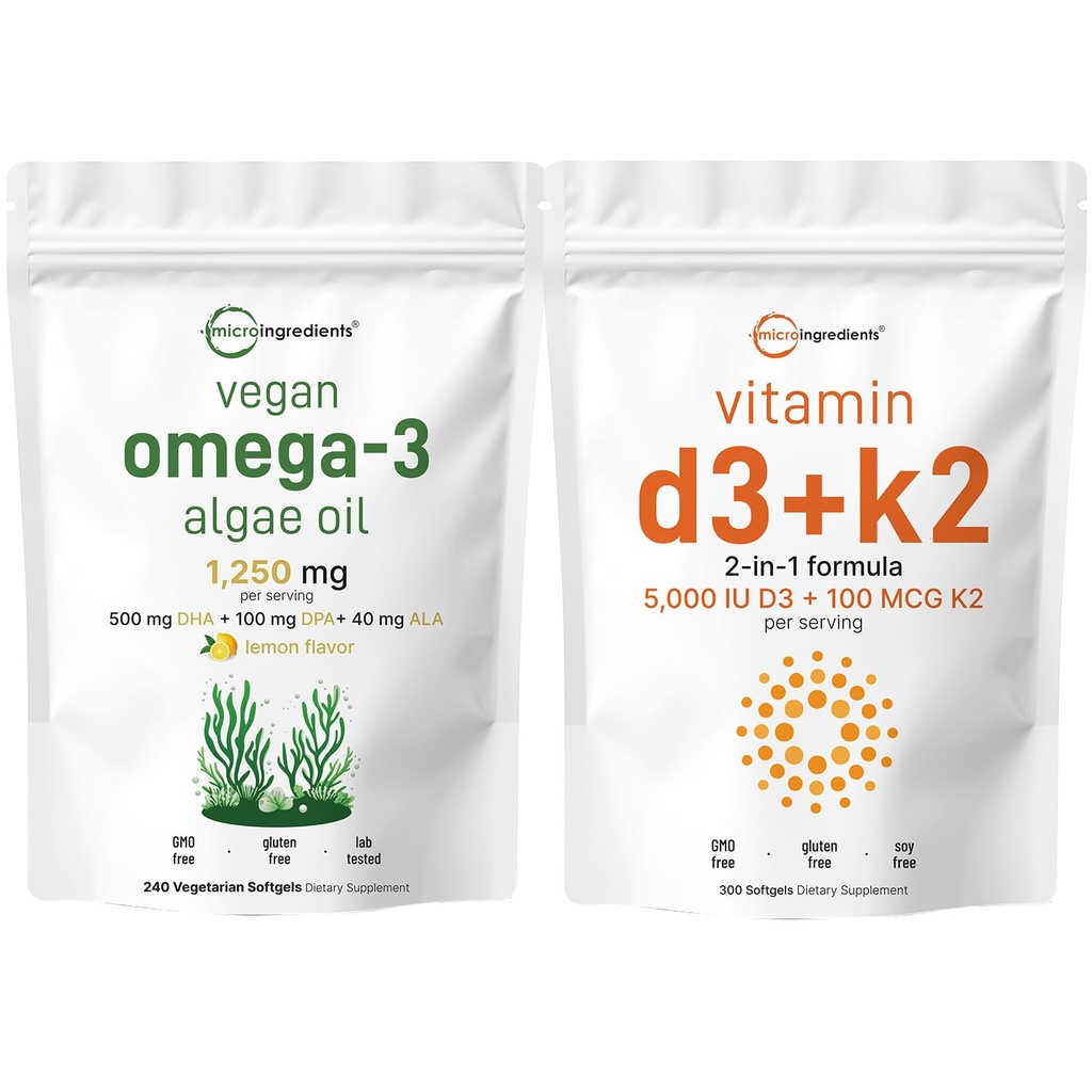 微成份 维生素 D3 5000iu + K2 100mcg 软胶 & Vegan Omega 3 藻类石油补充剂 Bundle 2 Pack → 基本阳光维生素 → Omega-3 鱼油全谱替代品