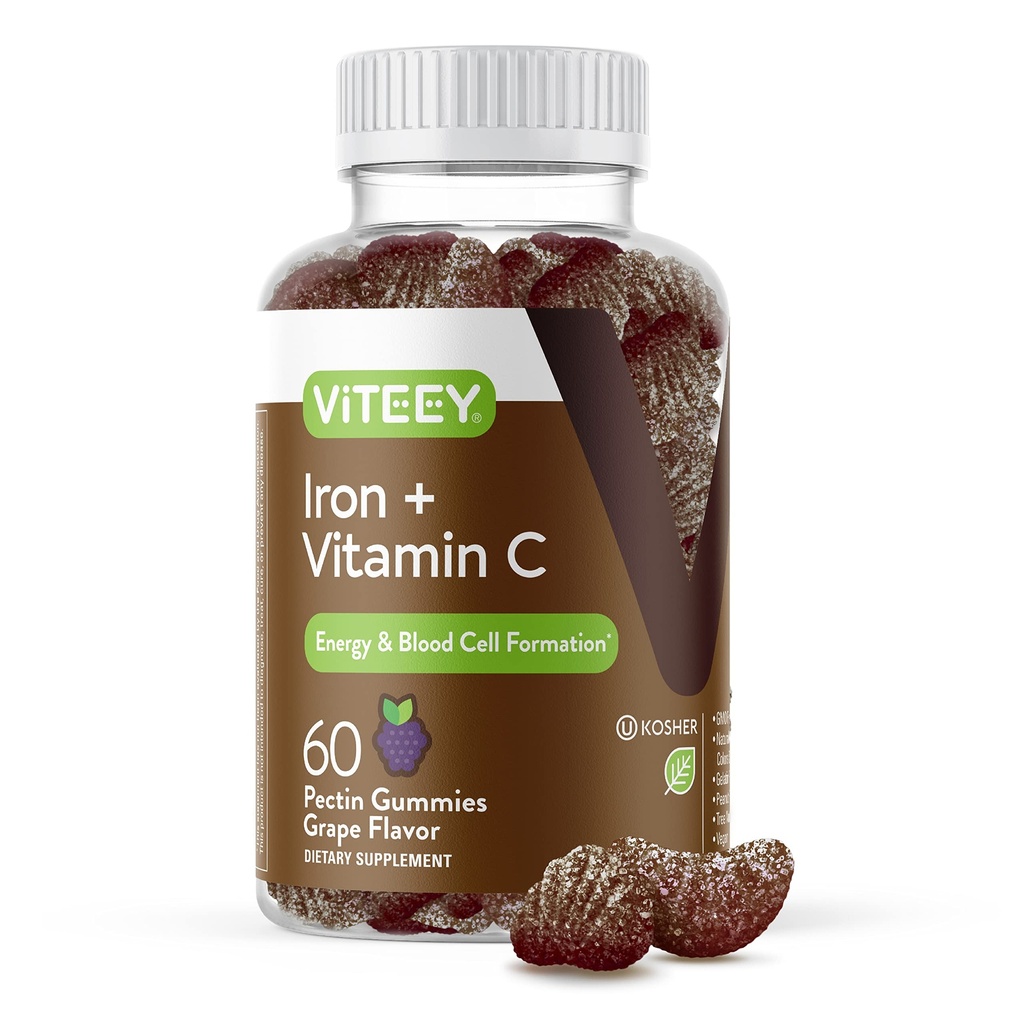 Viteey Iron Gummys - 含维生素C的铁 - 能量,靴子支持和女性和男性贫血补充 - Vegan, Gluten Free - 60 Counter