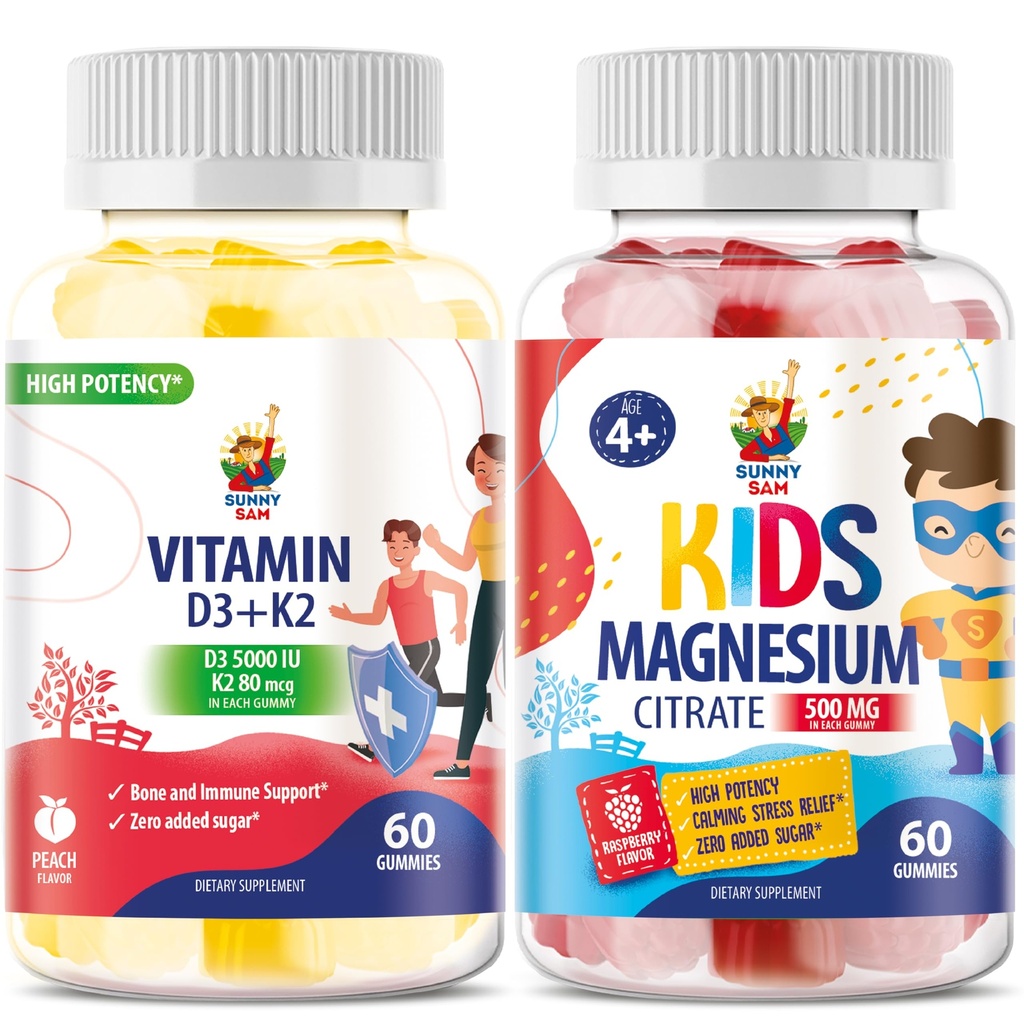 用于儿童与维生素的镁 Gummys D3 K2 Gummys 5000 IU - Immune & Bone 支持 - 无糖维生素 D Gummy 补充 - 高吸附剂, Vegan, Gluten - Free Gummys 成人