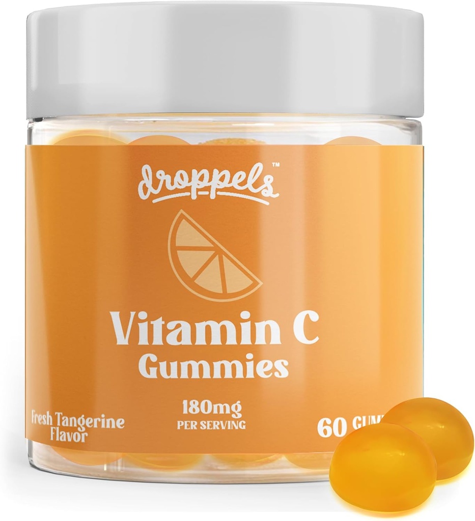 Droppels Vitamin C Gummys, 180mg – Vegan, Pectin 植物型免疫支持助推器补充剂 – Tangerine Flavor, 60 Counter (1-Month Supplement)
