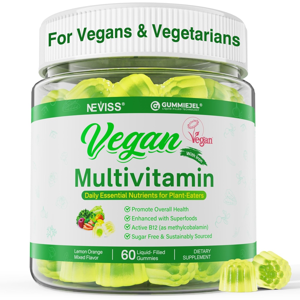 NEVISS Vegan Multivitamin for W and Men w/Methyl B12, D3 K2, Plant 基于Omega 3(DHA+EPA),铁,乔林,锌,全食日用维生素Gmmies for Vegans & Vegetarians,无糖,60Cts