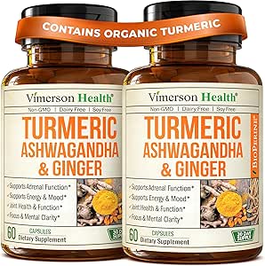 Ashwagandha Turmeric Curcumin 配有Ginger-有机Turmeric 补充剂,Curcumin配有黑辣椒(95%Curcuminoids),Ginger Root配有联合健康,能源和免疫支持. 2个包