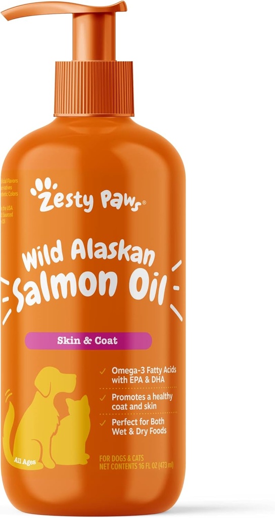 Zesty Paws 野生阿拉斯加沙门油用于狗和猫的皮肤和煤炭支持,Omega 3 Pats, 16oz, Pump Top