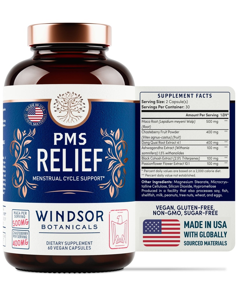 PMS Support Supplement for Women with Chasteberry, Maca Root, Ashwagandha - Period Relief, Bloating Relief for Women, Mood Support, Hormone Balance Herbal Supplements - 30 Day, 60 Vegan Capsules