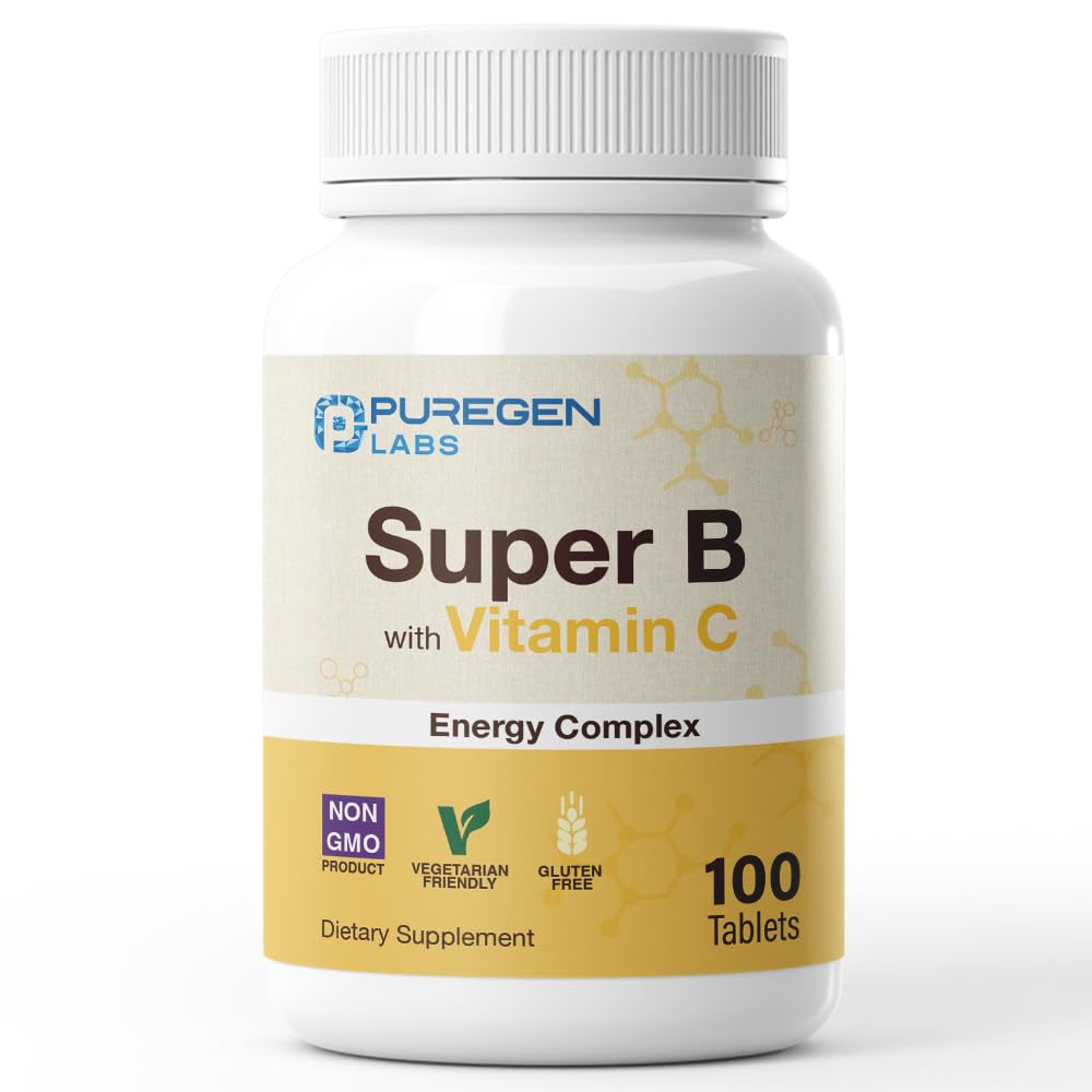 Puregen Labs Super B Energy Complex with Vitamin C - Immune Health, Energy & Nervoous System Support - 非GMO, Gluten-Free 100 蔬菜片