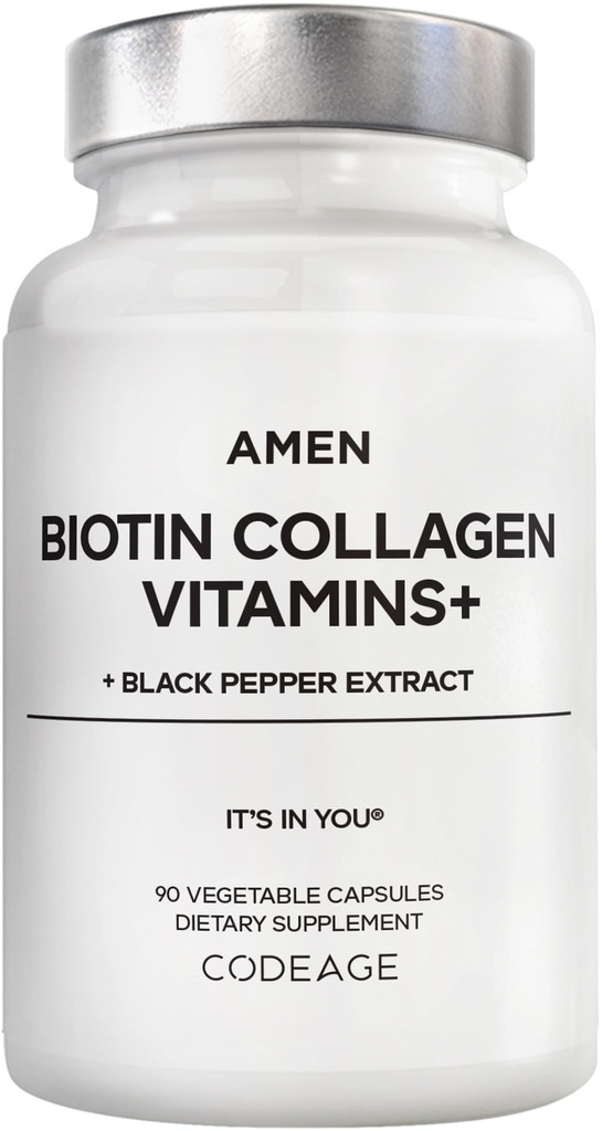 Amen Biotin Collagen Vitamins+ 10,000 mcg Biotin Supplement - Hydrolyzed Collagen, Vitamins C & E, Folate, Hyaluronic Acid, Keratin, MSM, Saw Palmetto - 3-Month Supply - Non-GMO - 90 Capsules