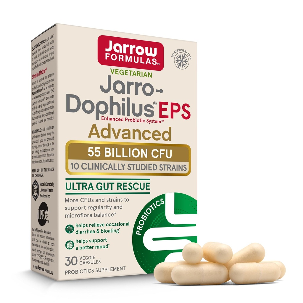 Jarrow Formulas Jarro-Dophilus EPS Advanced, 55亿 CPU Probiotics, 成人消化支持, 30 Probiotic 补充 Veggie Capsules, 最多30天供应