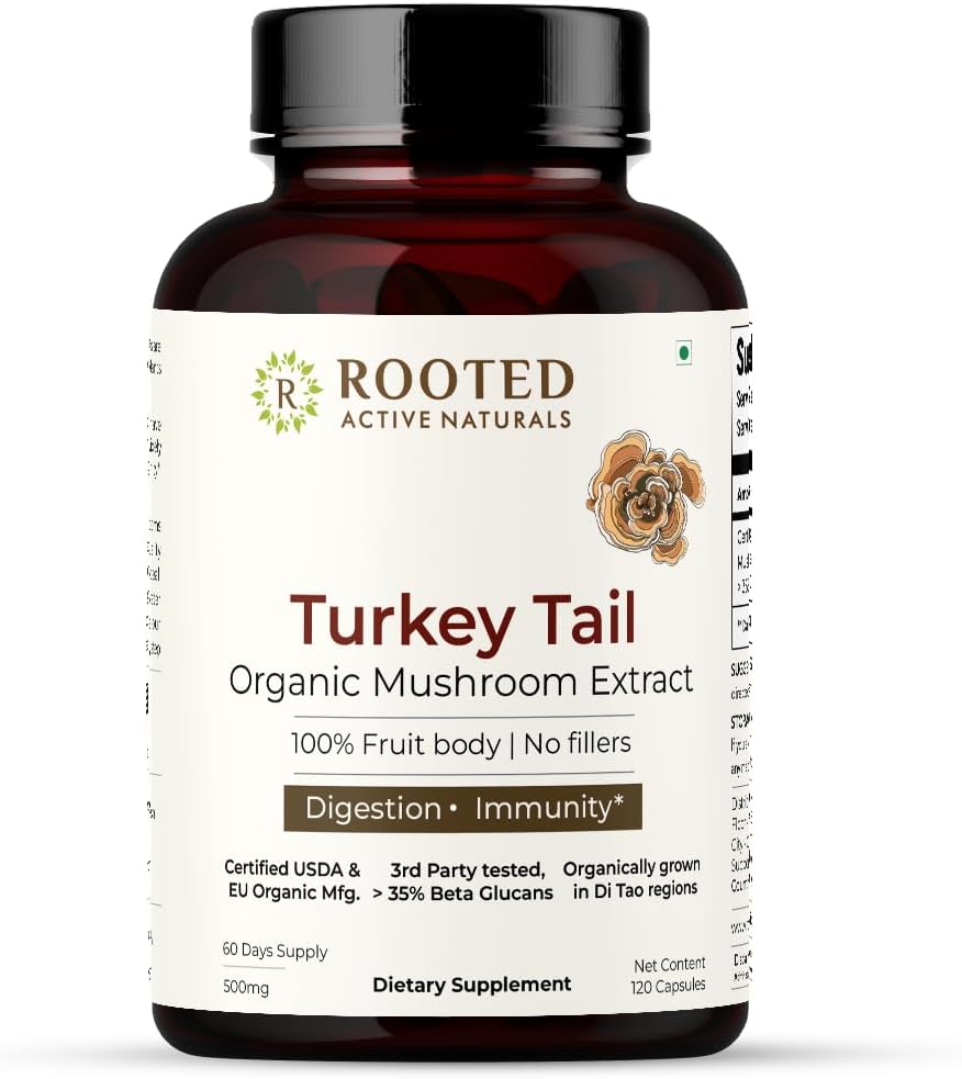 ROOTED Active's Turkey Tail Mushules 提取 Capsules QQ 心脏健康,应激缓解,肝脏. USDA Official, 35% Beta Glucans, 认证有机体 (120 Capsules)