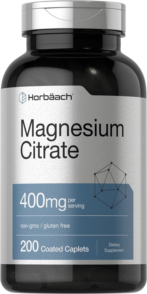 Horbäach Magnesium Citrate | 400mg | 200 caplets | Vegetarian, Non-GMO, 和 Gluten 免费补编