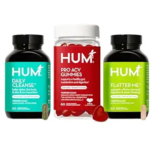 HUM Gut Health Bandle, Daily Cleanse, Flat Me 消化酶 & Pro Apple Cider Vinegar Gummys 配有消化卫生的Probios, Probios, 维生素B12, ACV, 3-Step Wellness Support Pack