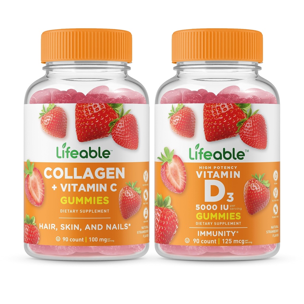 活性Collagen & Vitamin C + Vitamin D 5000 IU,Gummys Bundle - 大品尝,维生素补充,Gluten Free, GMO Free, Chewwable Gummy (英语).