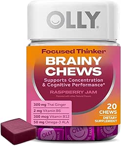 OLLY 专注思想家Brainy Chews,Omega-3 ALA,维生素B6 & B12, Plus Thai Ginger 提取用于警戒,浓度和认知性能支持,蔬菜,Raspberry, 20 Counter