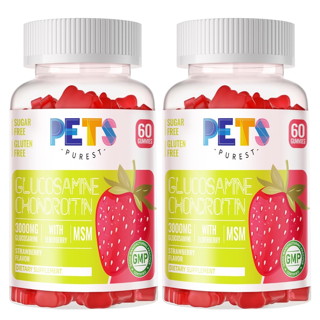 Pets Purest Glucosamine Chondroitin Gummys配有MSM和长老莓外加力——联合支持,成人、男子和妇女抗氧化剂免疫辅助剂。 (2包)草莓