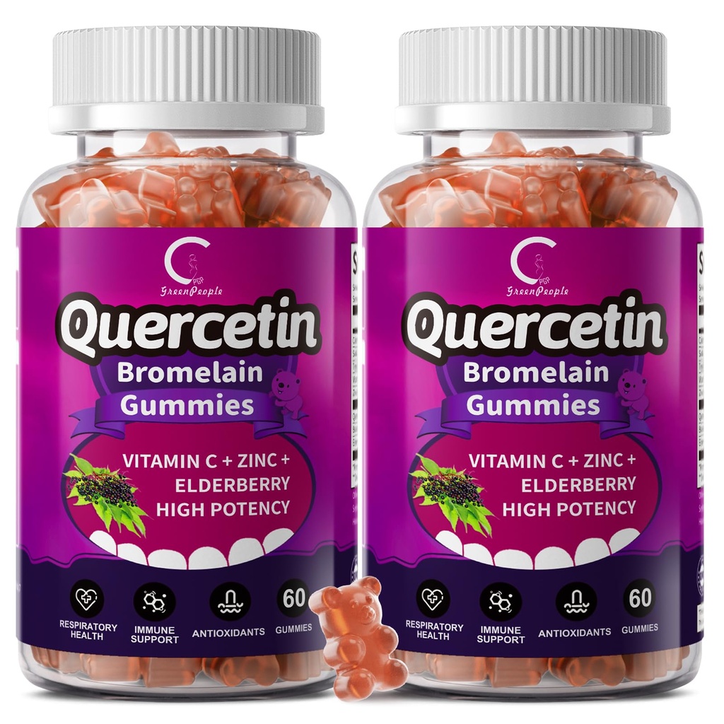 Quercetin Gummys - Quercetin with Bromelain, Vitamin C, Zinc & Elderberry, 超强免疫系统助推器, 成人儿童肺部支持补充剂 - 60 Quercetin Gummys (2 Pack)