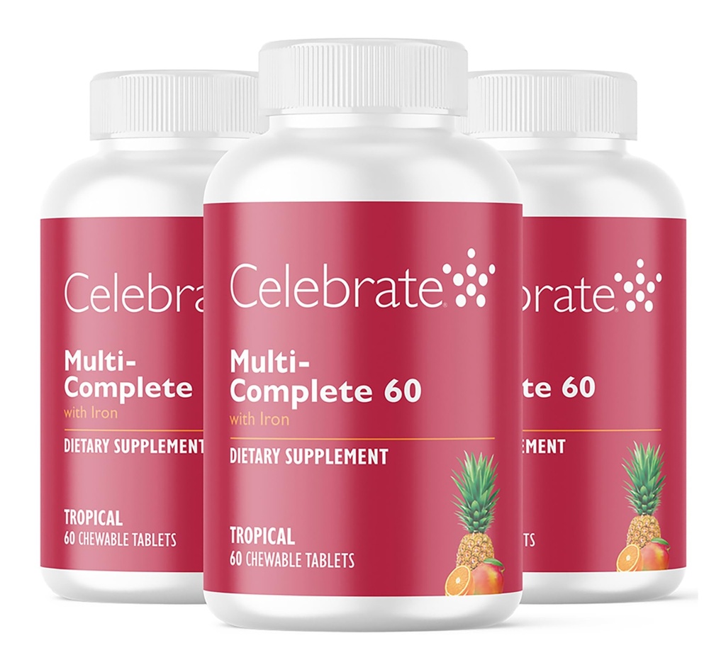 庆祝维生素多补品 Chewables, 60mg Iron – Daily Bariatric 多补品,用于袖珍胃切除术和胃旁科手术病人 必需维生素和矿物 热带(180片)