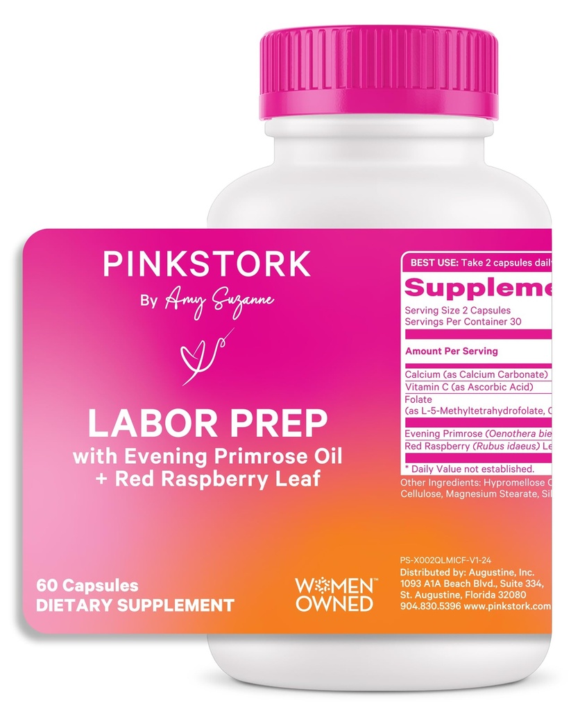 Pink Stork 劳工准备补编-第三季度晚间Primrose Oil & Red Raspberry Leaf、Gentle 劳工和产后支助、怀孕和母乳喂养安全,60 Vegan Capsules
