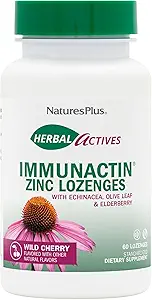Natures Plus Herbal Actin Zinc Lozenges - 10 mg Zinc, 60 Vegan Lozenges - 野生樱桃火焰 - Echinacea & Elderberry的Immune助推器 - 蔬菜,无葡萄糖 - 60名服务者