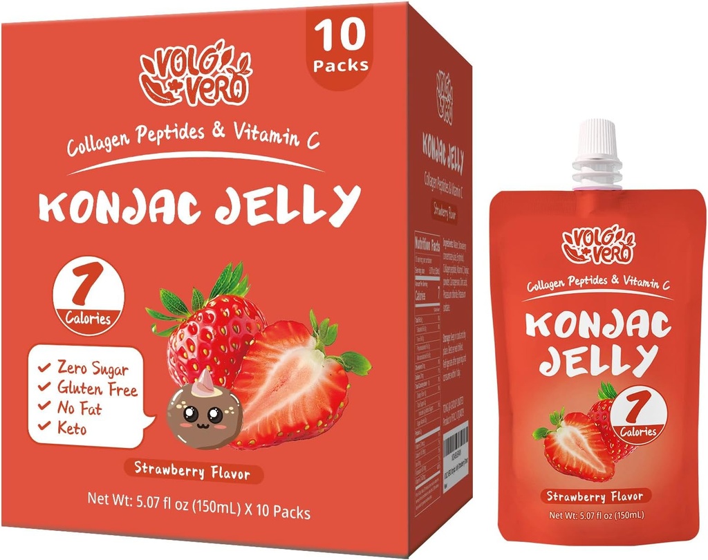 Konjac Jelly Pouch 可饮草莓 Flavor, 7 Calories, Gluten Free, 零糖, Keto, Collagen Peptides 和维生素C, 低脂肪健康果馅, 假日礼品, 10包