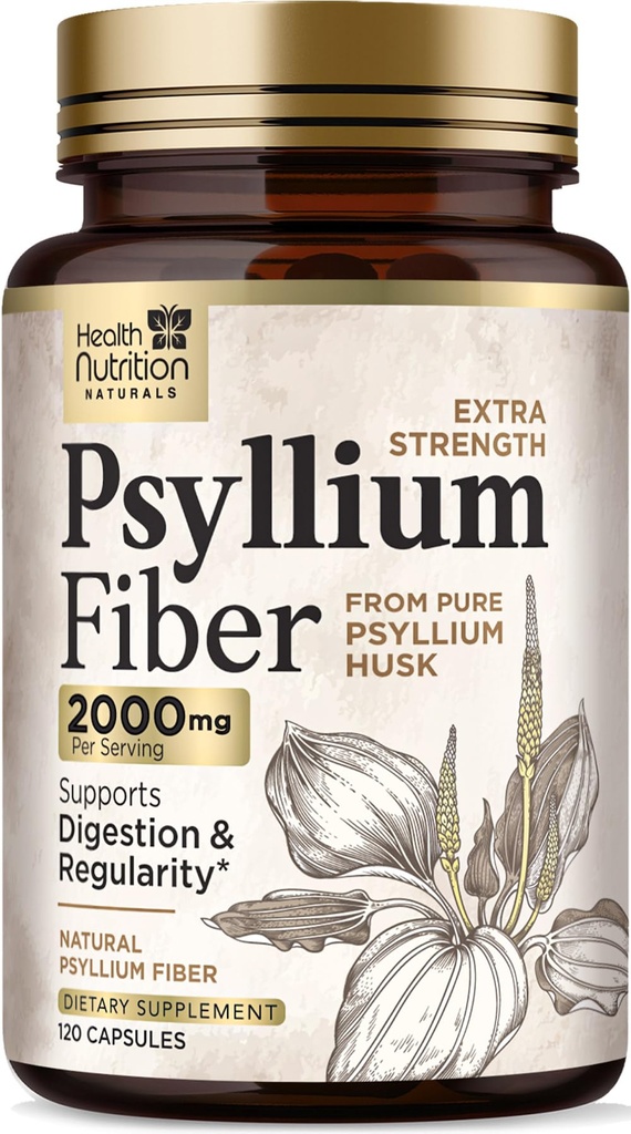 Psyllium Husk Capsules - Psyllium Husk Powder 2000 mg Per Serving - Extra Strength Fiber Supplement for Daily Digestion & Regularity Support - Natural Psyllium Fiber Caps - Bottled USA - 120 Capsules