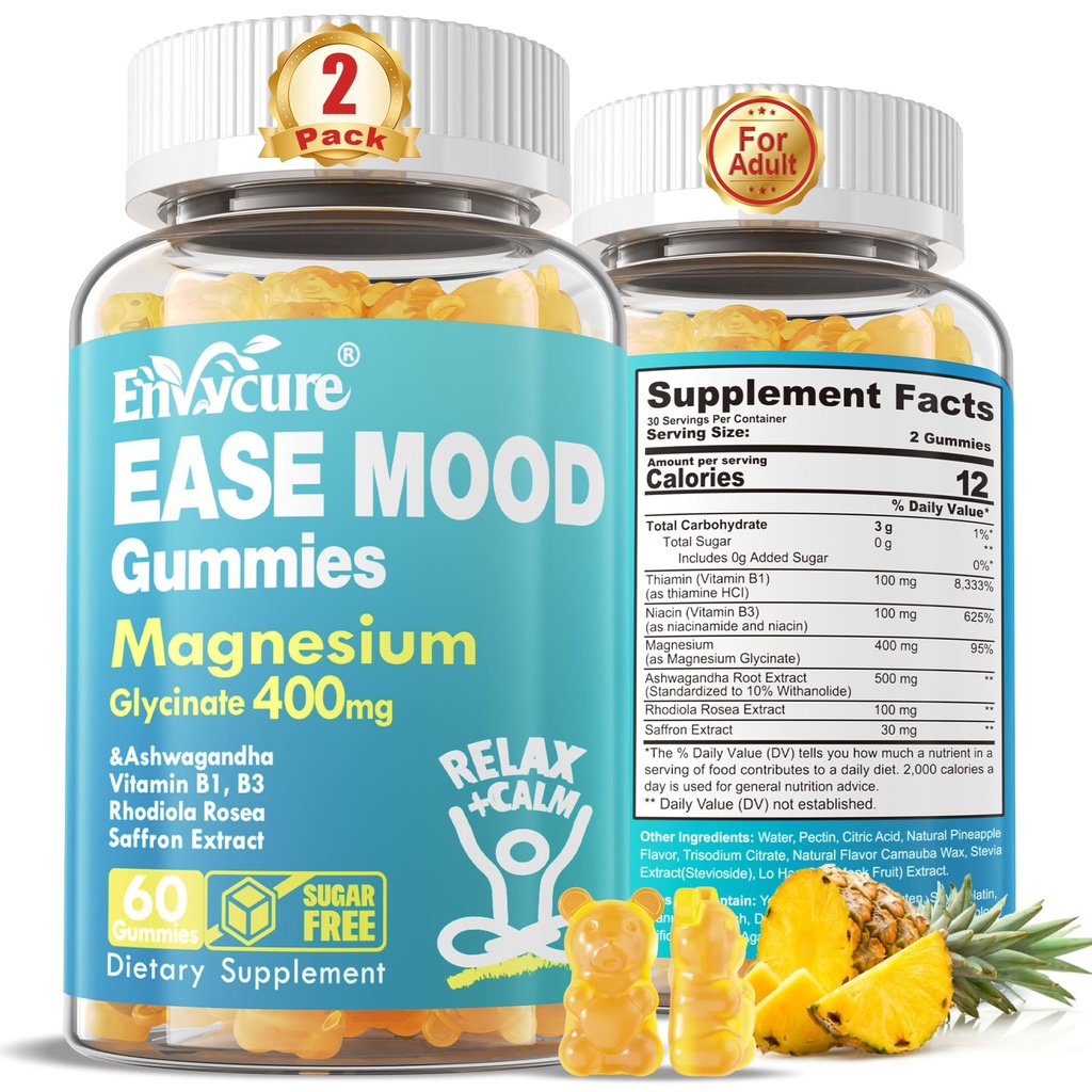 配有Ashwagandha、B1、B3、Rhodiola Rosea & Saffron供养休息、Mood & Calm 成人用无糖镁、Chewable Magnesium补编、Vegan、120Ct