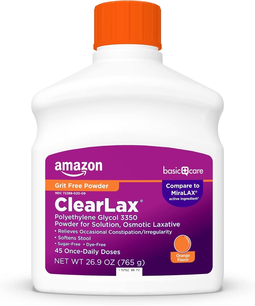 基本护理 ClearLax, Gentle Contipation Relief的乳粉, Softens Stool, Polyency Glycol 3350, Orange Flavor, 1.68磅(一包)
