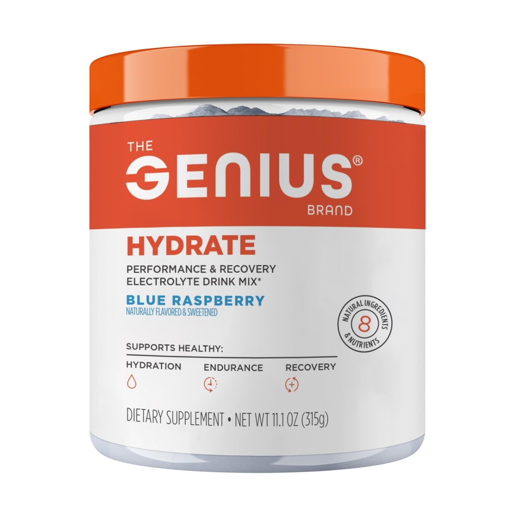 Genius Brand Genius Hydrate - 每日水分的电解补液 - 椰子水 - 无糖 - 8 基本矿物和营养剂 - 非GMO - 蓝莓 - 50 服务
