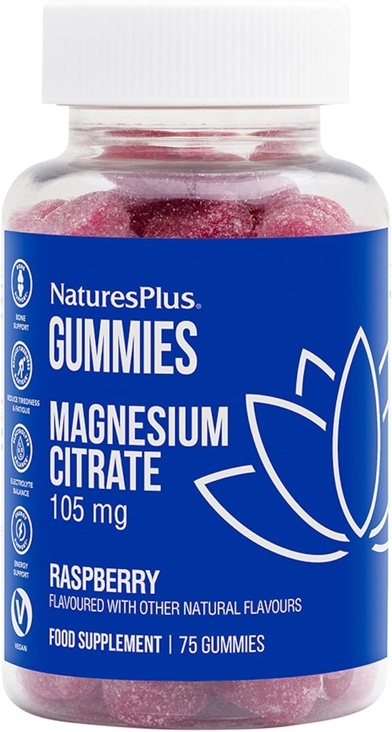 Natures Plus Gummys Magnesium Citrate - 75 Gummys, Raspberry - 帮助平息心灵和身体,支持骨质密度 - 蔬菜,Gluten自由,非GMO - 25服务