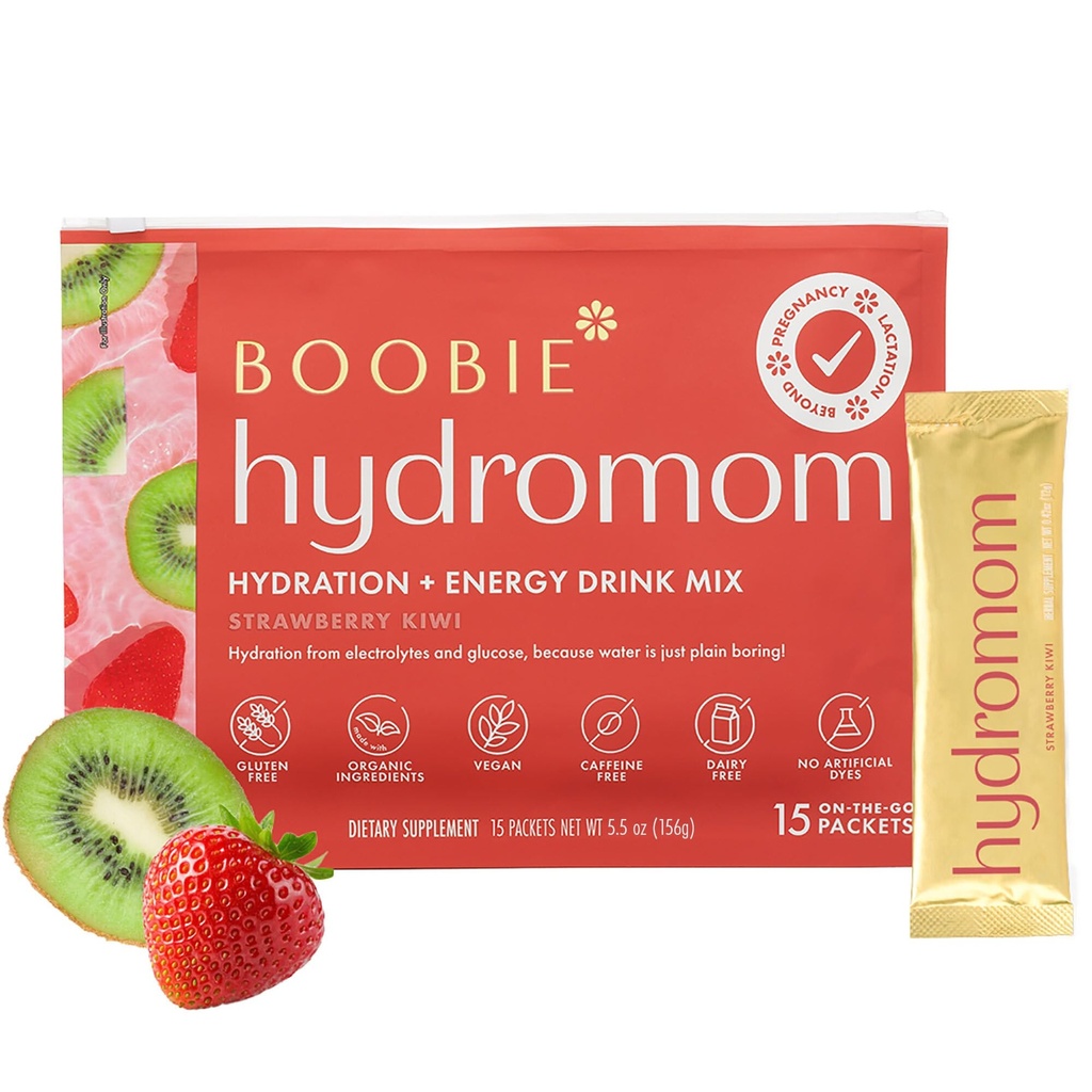 Boobie Hydromom 超级食品 电解质 饮料 混合剂 草莓 Kiwi 给妈妈们刷新能量和水解靴 15个包装包 怀孕、哺乳、外出旅行必需品