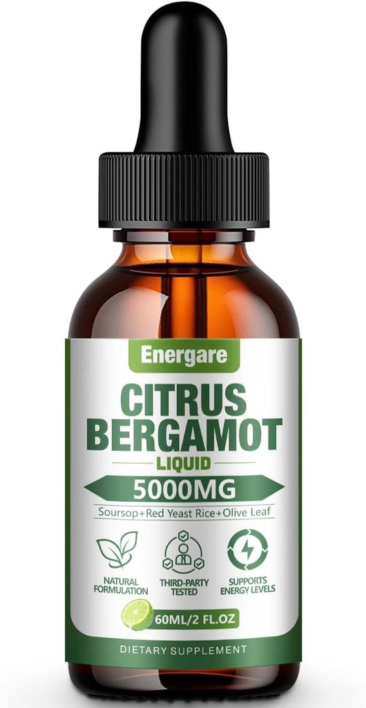1 Pack 5000MG Citrus Bergamot 液滴补充剂,用于高胆固醇-苏尔索普、红酵母水稻、橄榄叶-全自然、健康支持、免疫支持、心脏健康和抗氧化剂,2 Fl Oz