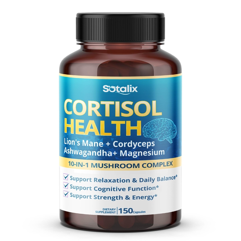 Cortisol健康补编,配有Magnesium, Ashwagandha, Lion's Mane & 10 Mushroom Complex – 放松,聚焦和能源支持 – 150 Capsules – Sotalix – 美国制造, GMO-无