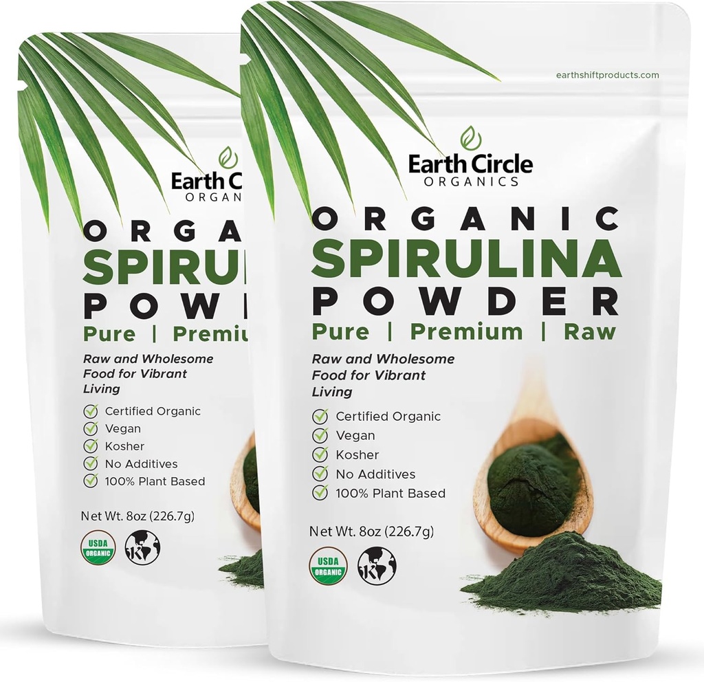 Earth Circle Organics Spirulina Powder, Kosher, Raw and Non-Irradiated | Pure Vegan Protein | Premium Energy Superfood, High in Amino Acids and Antioxidants - (8oz - 2Pack)