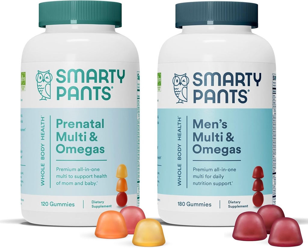 SmartyPants 产前和男子多维特敏胶囊:Omega 3鱼油(EPA/DHA)、生物锡、甲基福尔特、维生素D3、C、维生素B12、B6、A、K和锌用于免疫支持(30天供应)