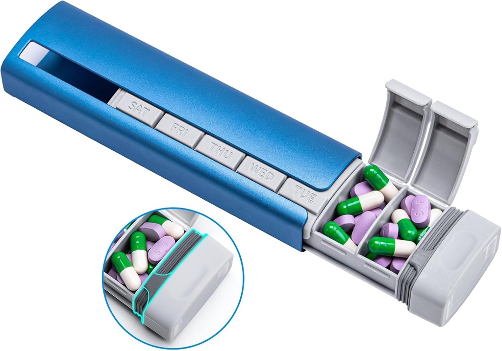 Daviky Metal 旅行药丸组织者, Premium Aluminum Pill Box 7 Day, 每周一次的药丸案, Stylish & Cute Pill Holder for Medicine, 补充剂和维生素(蓝+Gray)