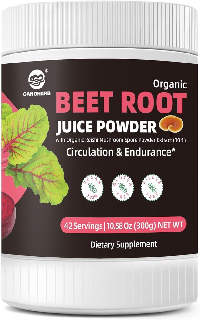 甜菜根粉 7000mg, 高焦有机甜菜汁粉 配有Reishi蘑菇, 超级食品 补充 Beetroot 饮料用于流通和耐久, Vegan, 无糖