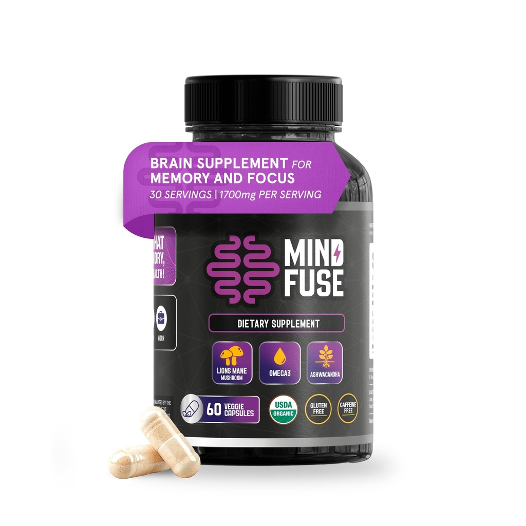 成人新星记忆助推器 - 狮子的马内卡普勒斯配Omega-3, Ashwagandha & L-Theine for Focus & Memory - Gluten-free 60 Capsules