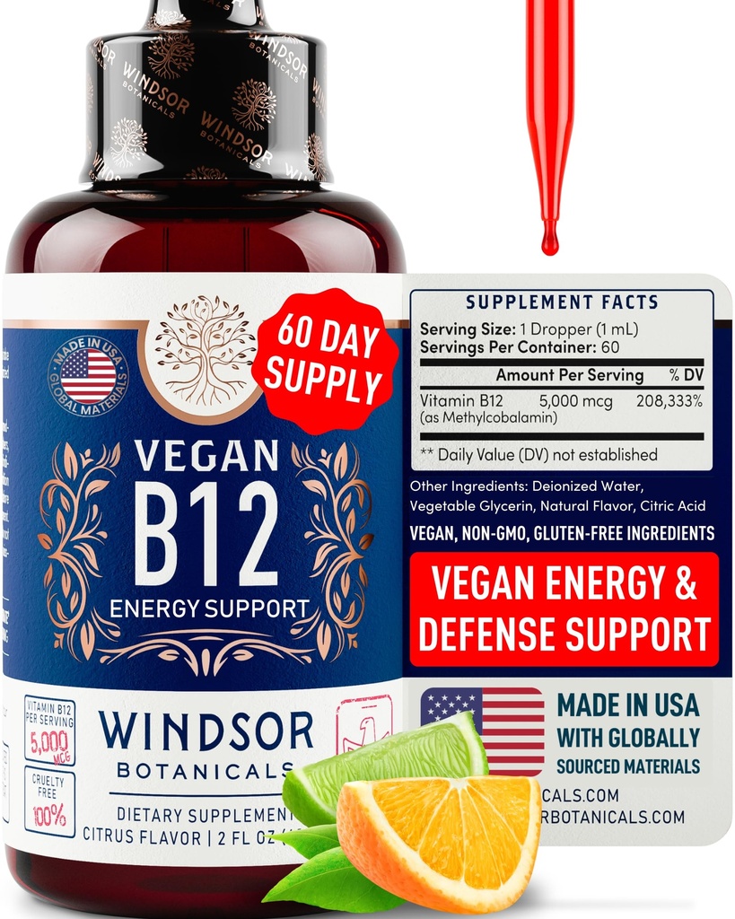 Vegan Vitamin B12 液态 - 最大强度 Methycobalamin B12 亚语言 5000 mcg - 摩德快速吸附补充,内存和能量支持 - 非GMO,无Gluten,Citrus Flavor B 12 Drops, 2oz