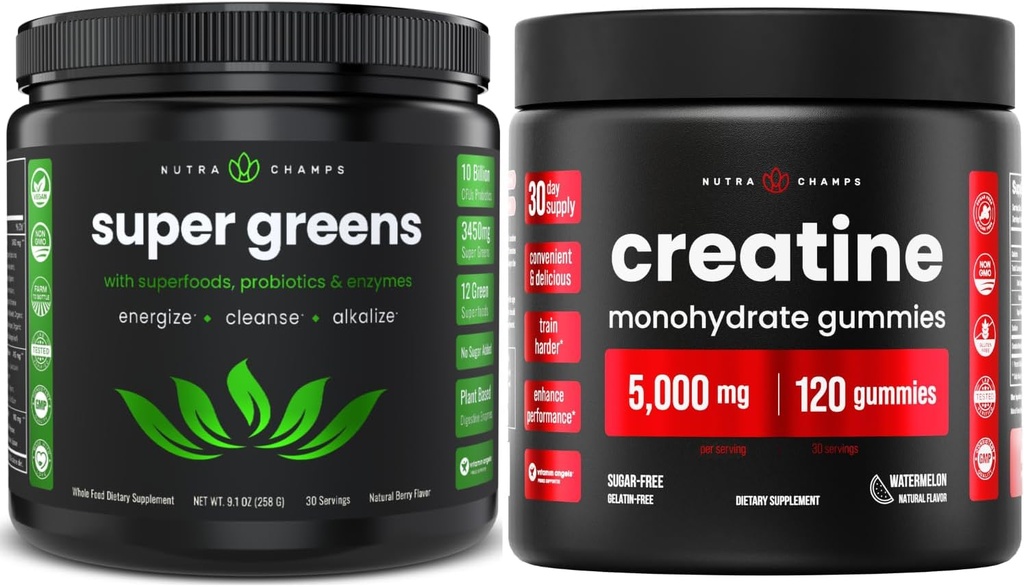 NutraChamps 完整工作与能源包 - 超级绿皮和Creatine Gummys.