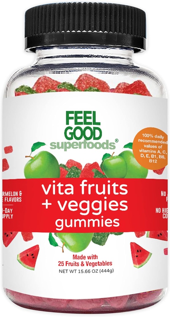 Feel Good Superfoods Vita 水果和蔬菜补充品,多维他命水果和蔬菜 水果和蔬菜 25 水果和蔬菜 西瓜和苹果 Flavors, Vegan, Non-GMO, 60 Count