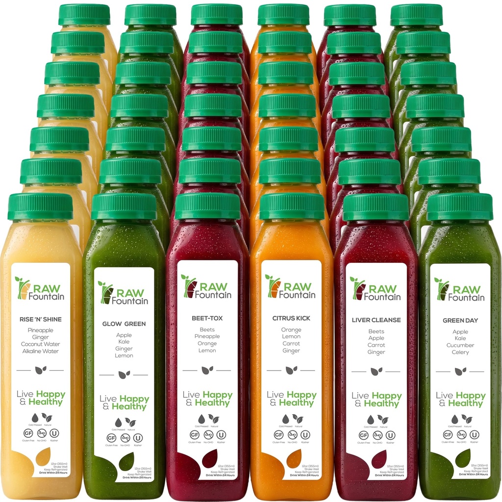 7日清汁 由Raw Foundain, All Natural Raw Detox cleanse, 汁液换身体休息,冷压汁快速,跳动健康饮食的好方法, 42瓶12oz, 7姜射击