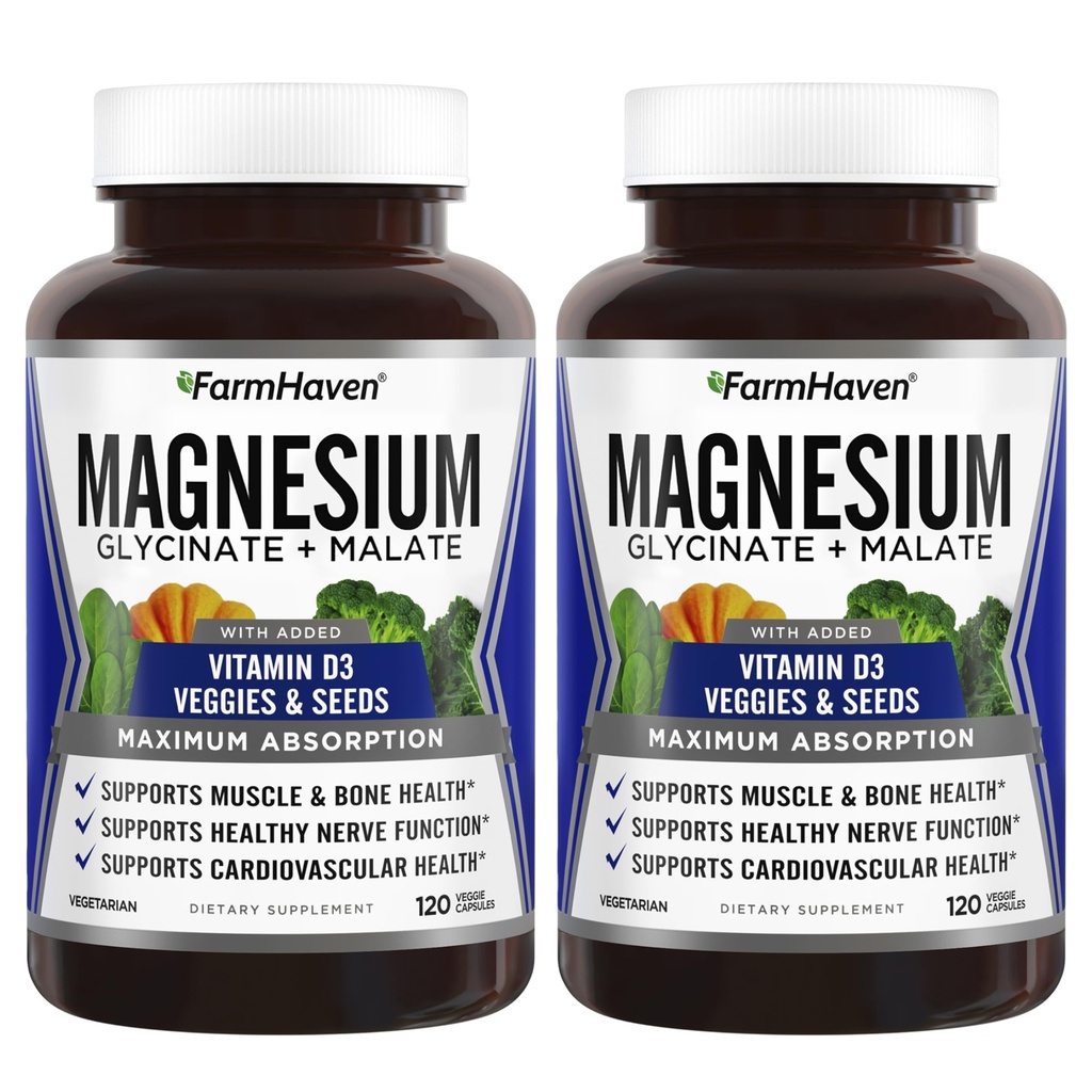 FarmHaven Magnesium Glycinate & Malate Complex w/Vitamin D3, 百分百切除最大吸收-骨健康,神经,肌肉,240卡普尔,120天