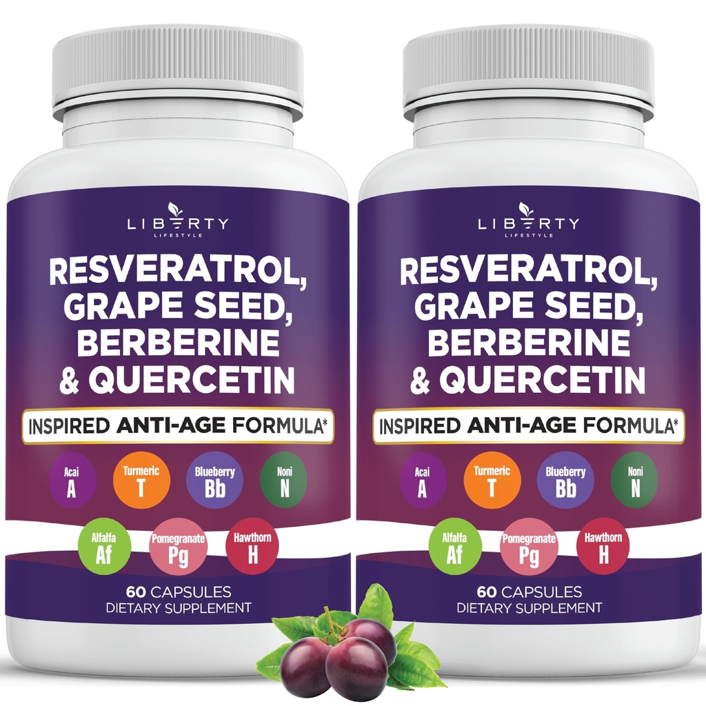 Resveratrol、Berberine、葡萄种子提取物、Quercetin、多酚补充品,供有诺尼提取物的妇女和男子使用,N-Acetyl Cysteine、Acai提取物-2-Pack