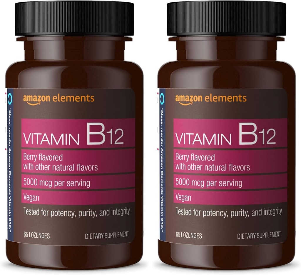 维生素B12 甲基Cobalamin 5000 mcg - 正常能源生产和代谢,免疫系统支持 - 2个月供应,Berry Flavored Lozenges, 65 Counter (Pack of 2)