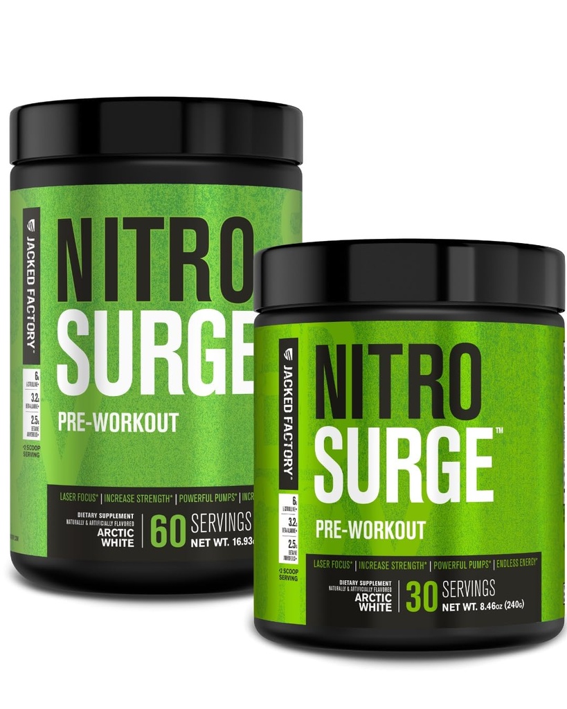 Jacked Factory NITROSURGE 工作前补充 - 无尽能量,即时强力增益,清晰聚焦,强度泵 - NO 助推器和动力 工作前能源粉 - 90 服务,北极白