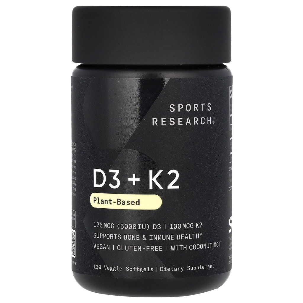 体育研究 配有K2软胶的维生素D3 - 工厂基于K2 & Vegan D3 5000iu配有椰子MCT Oil - Vegan认证,Soy & Gluten Free - 120 Counter