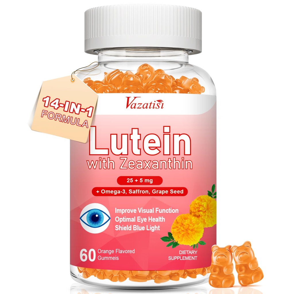 Lutein和Zeaxanthin 补充 Gummys 高级眼维生素补充 配有 Bilberry , Saffron , Grape种子 , Omega 3 用于 Macular 健康,干眼,视觉功能 - Orange Flavor, 60 Counter