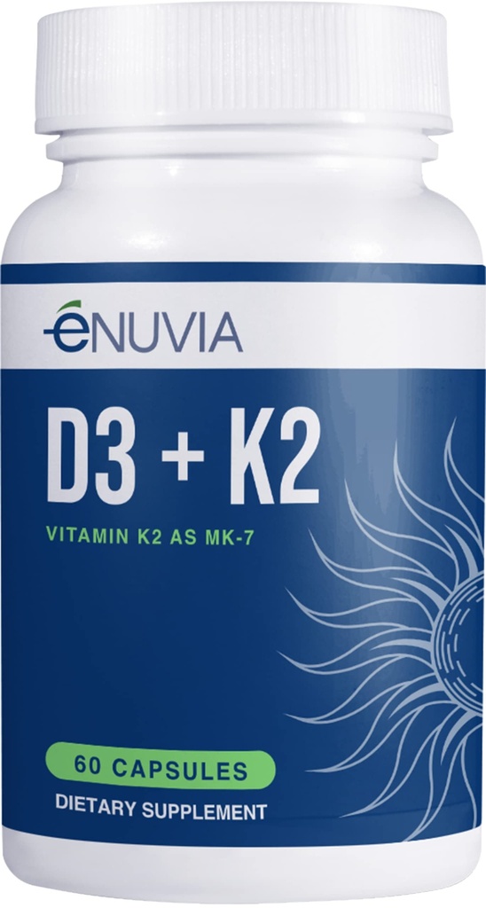 D3+K2 - 男女维生素 D3 K2 补充药 - 60 Veggie Capsules - 配有 Bioperine Black Pepper 提取剂 - 支持最大钙吸收和心骨健康 - 美国制造