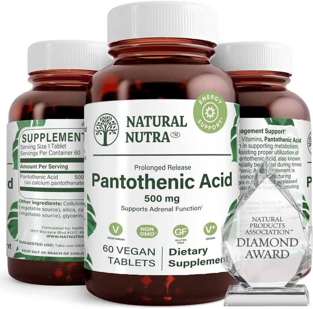 天然核时间释放Pantothenic酸500毫克,维生素B5补充剂帮助破解脂肪和碳水化合物,代谢和能量,改善肌肉健康,60个蔬菜片(3包)